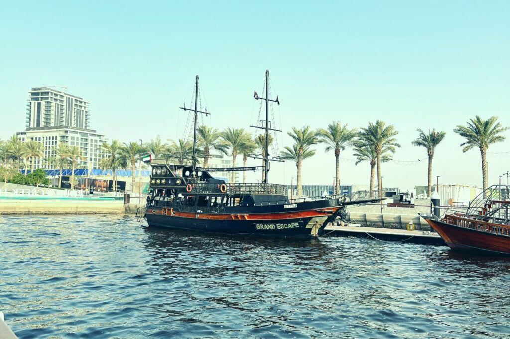 A pirate-inspired boat docked in Dubai Creek Harbour.