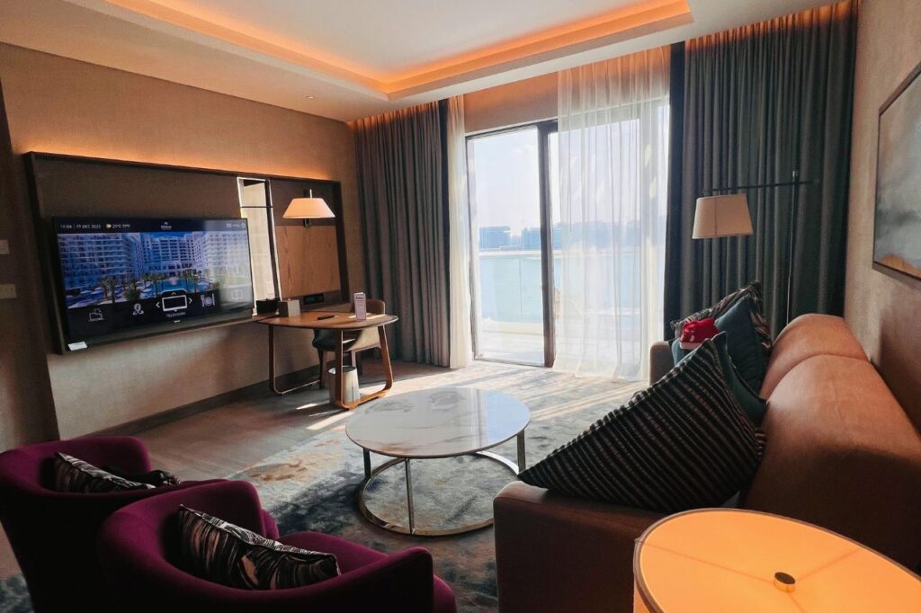 The living room of a 2-bedroom suite of Hilton Hotel in Yas Island.
